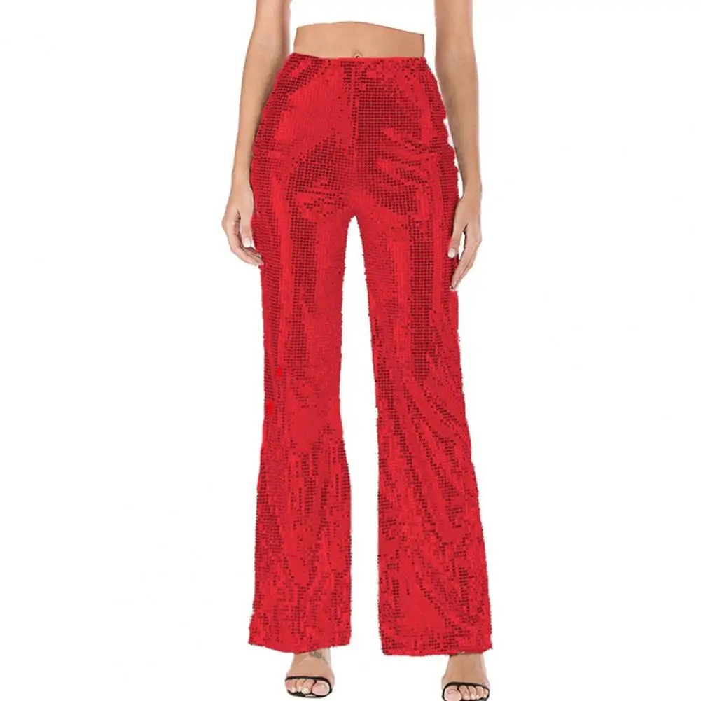 

Women Pants Shiny Sequin See-through Elastic High Waist Thin Loose Flared Hem Nightclub Party Long Trousers