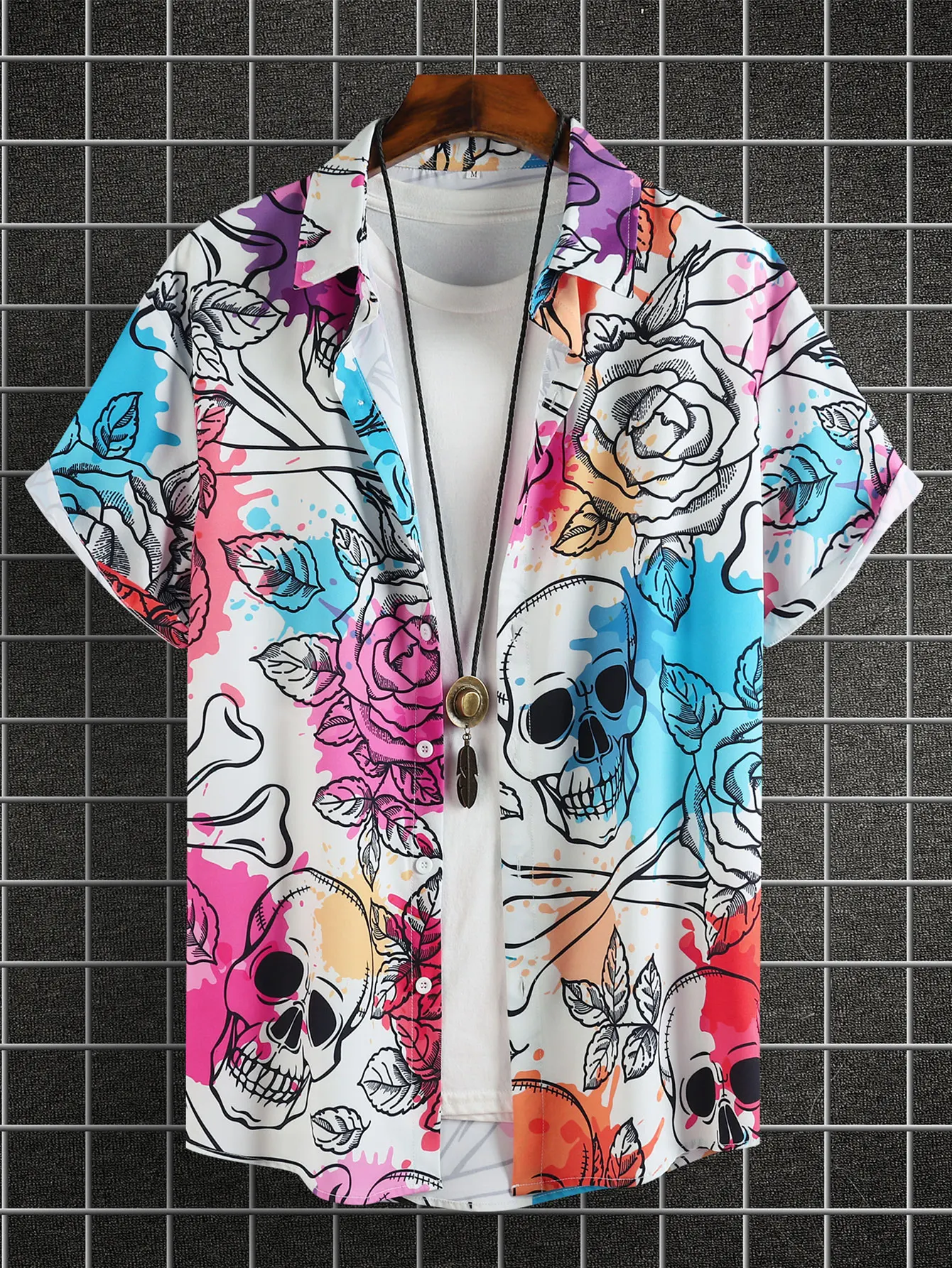 Men's Fashion Digital Printed Shirt Casual Short Sleeve Hawaiian Printed Shirt Lapel Shirt