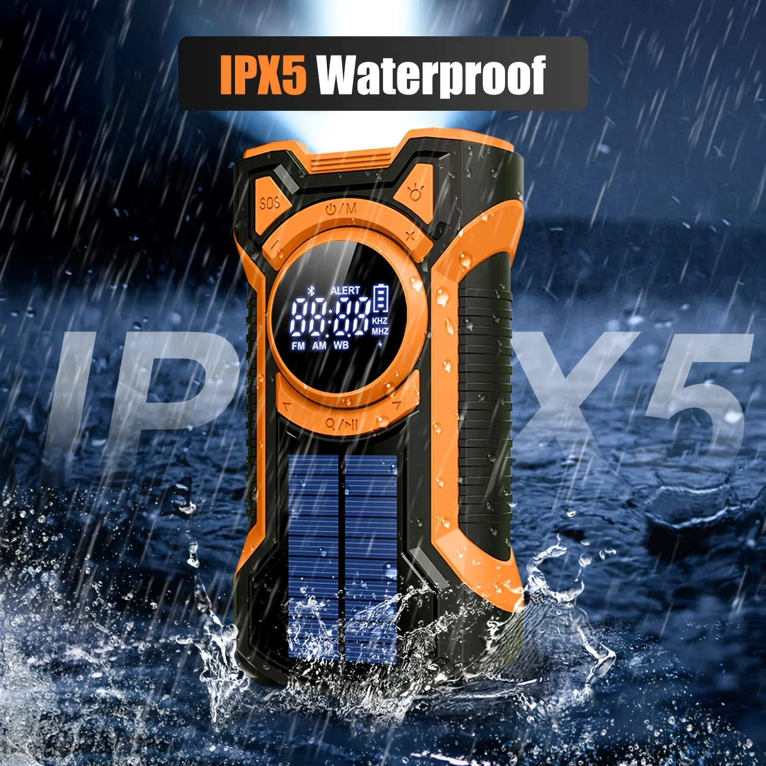 راديو الطوارئ كرنك اليد بالطاقة الشمسية 5000 مللي أمبير، IP65 مقاوم للماء والغبار بلوتوث 5.3 راديو تنبيه الطقس AM/FM/NOAA، برتقالي #3