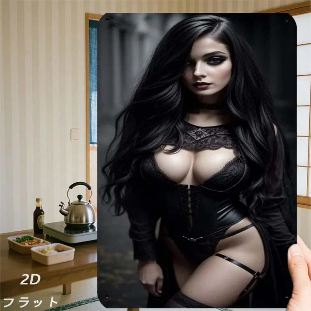 

JIT Dark Fantasy Woman 2D Gothic Iron Wall Sign Retro Black Lace Metal Plaque Decor