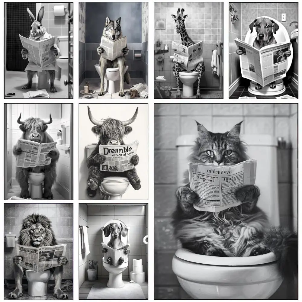

Animal Sits on The Toilet Reading a Newspaper Poster For Office Bedroom Coffee Home Decor Durable Waterproof Stickers Wall