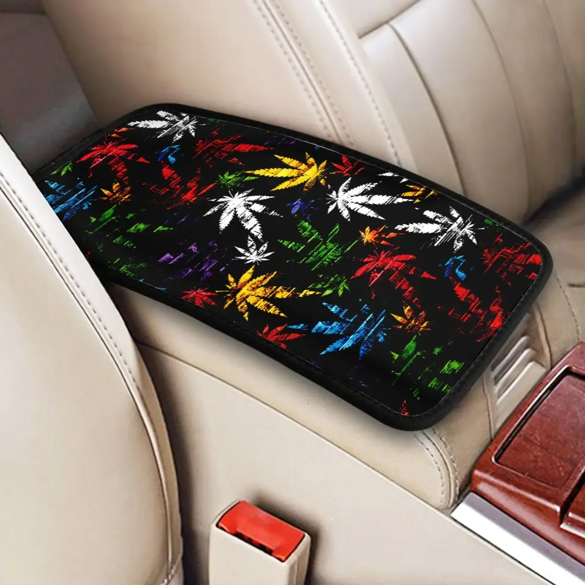 Cannabis Leaf Center Console Cover Pad for Universal Cars Colorful Leaves Floral Auto Interior Non-slip Armrest Cover Mat