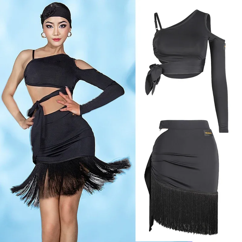 

Single Sleeve Top Fringed Skirt Women Samba Rumba Ballroom Dance Competition Practice Clothes Sexy Latin Dance Costume