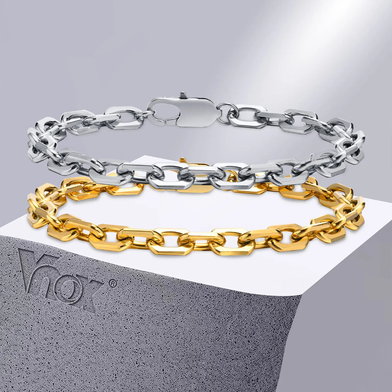 Vnox New Style 6.5MM Belcher Chain Bracelets for Men,Stainless Steel Square Geometric Links Wristband Gift,pulseira masculina