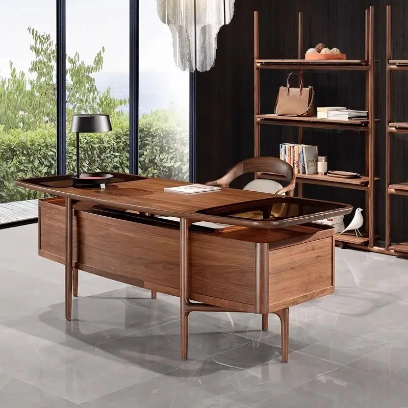 Nordic computer desk, black walnut solid wood desk drawer