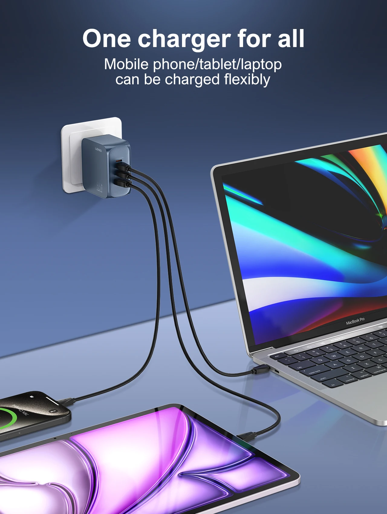 LDNIO GaN 65W USB C Charger 4 Port Compact Wall Charger Power Adapter For MacBook Pro/Air, iPad, iPhone 16 ,Galaxy ,Laptop