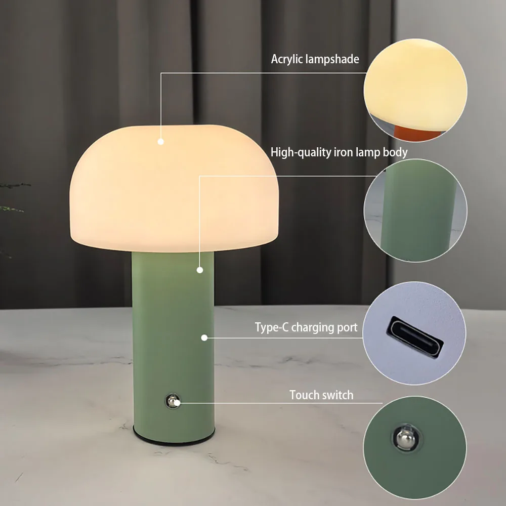 New Mushroom Lamp LED Charging Table Lamp 3-colors Dimming Desk Lamp Mushroom Night Light for Bar Restaurant Bedroom Decoration