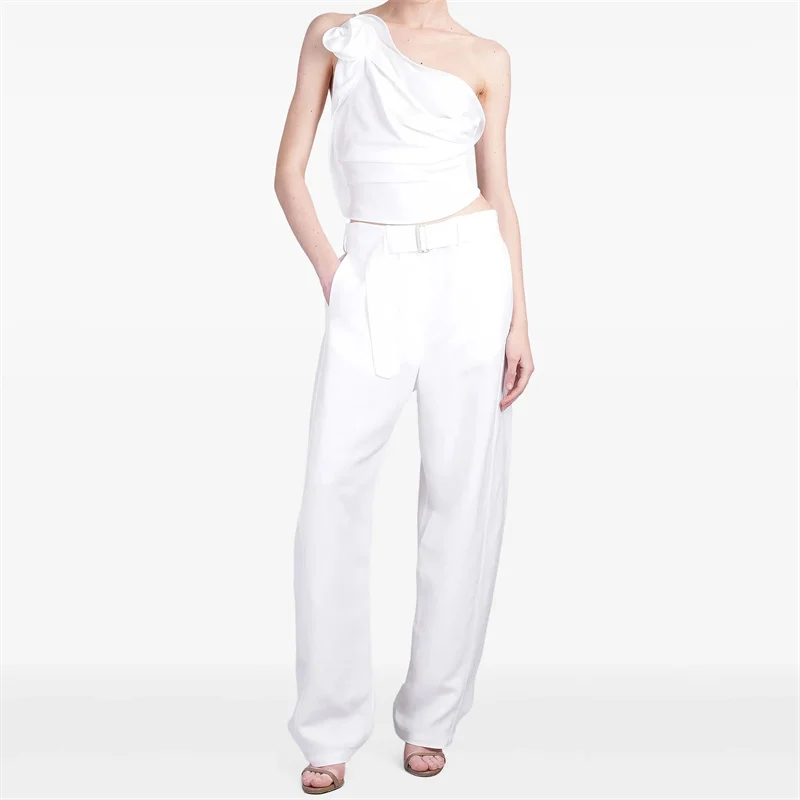 

Women's pants New high-quality cotton linen blended straight leg pants for summer 2025 Belt decoration Wide leg pants trousers