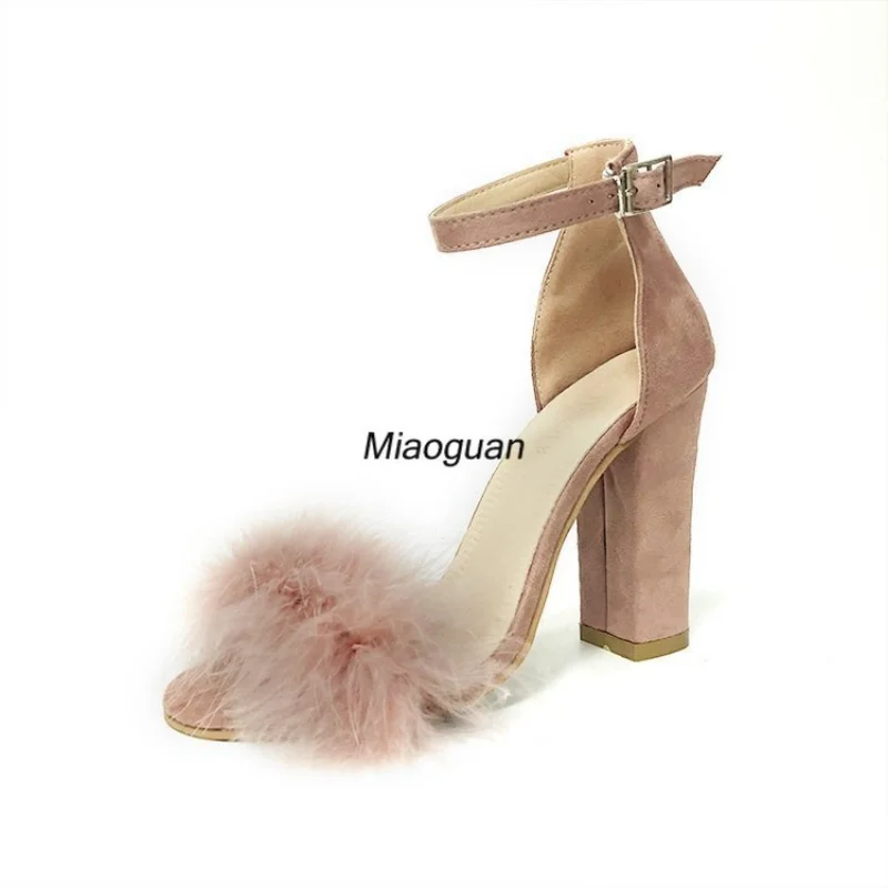 Ankle Strap High Heels Faux Fluffy Rabbit Fur Women Sandals 2023 Thick High Heel Party Wedding Shoes Bridal Summer Lady Fashion