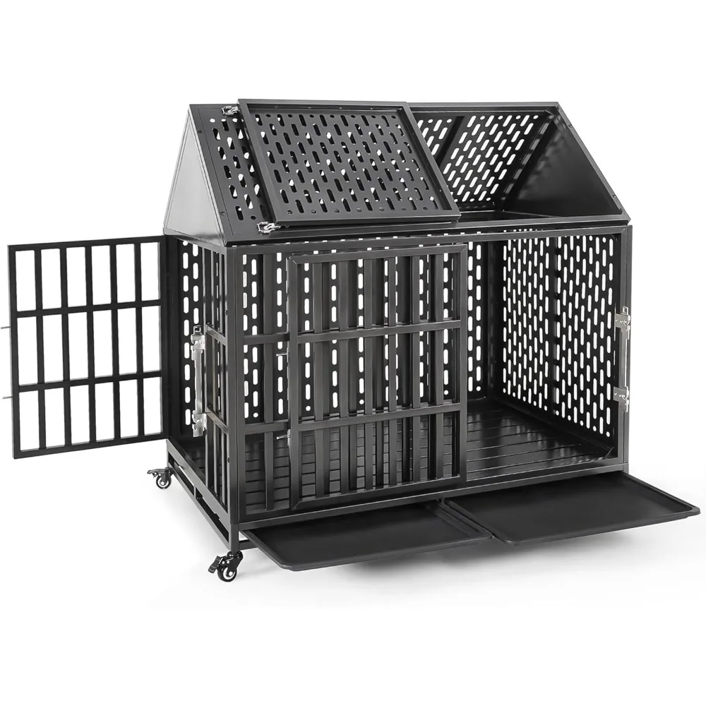 

Heavy Duty Dog Crate with Self-Locking Latch for High Anxiety Dogs, 46 Inch Indestructible Large Kennel Indoor, Removable Trays