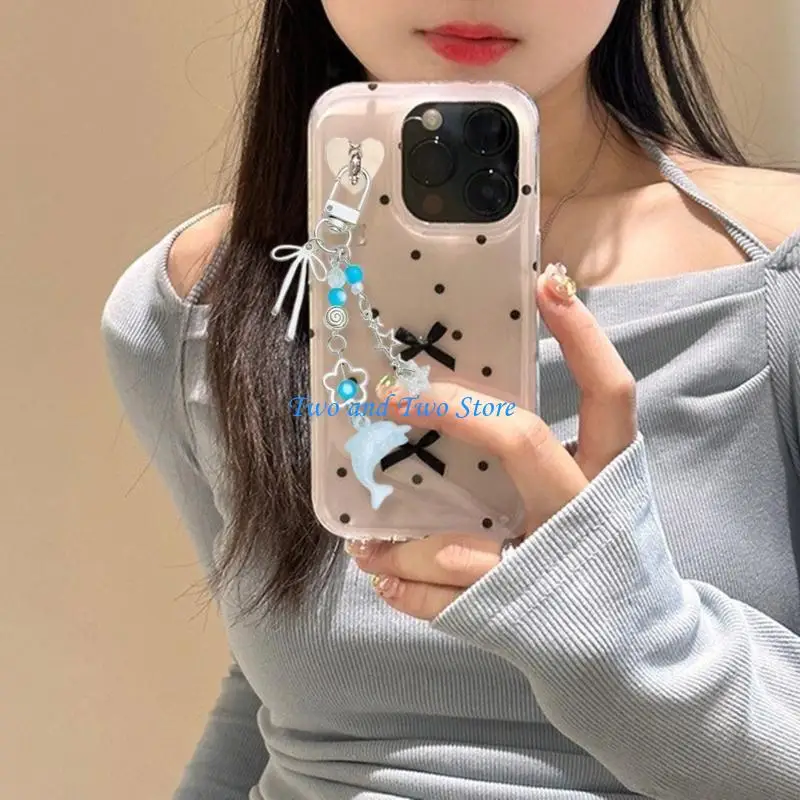 

HX6F Adorable Dolphin and Bowknot Heart Keyring Stylish Beaded Keyring Pendant Versatile Charm for Bags Elegant Adornment