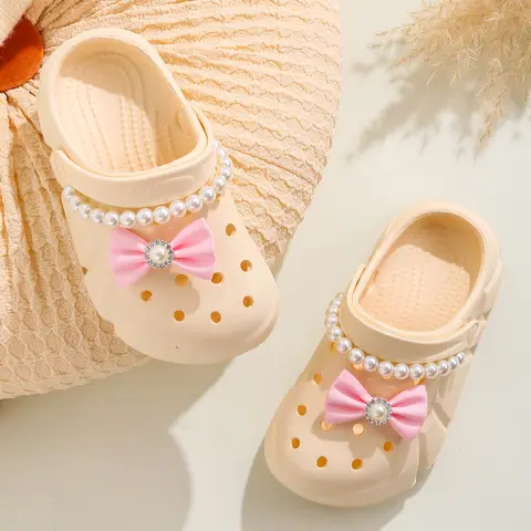 Girls casual breathable clogs with bow accessories, slip-on beach slippers, non-slip garden clogs shoes for the beach 3057