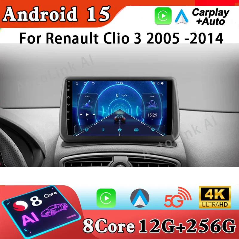 

Android 15 для Renault Clio 3 2005-2014 Автомобильный мультимедийный видеоплеер GPS-навигация Стерео 4G Wi-Fi Радио головное устройство без 2din