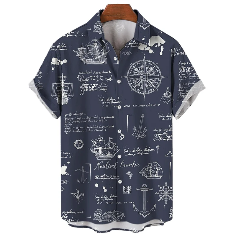 Summer Men\'s Hawaiian Shirt Men Sailing Compass Sailboat 3D Printed Short Sleeve Casual Beach Quick Dry Oversize Aloha Blouse