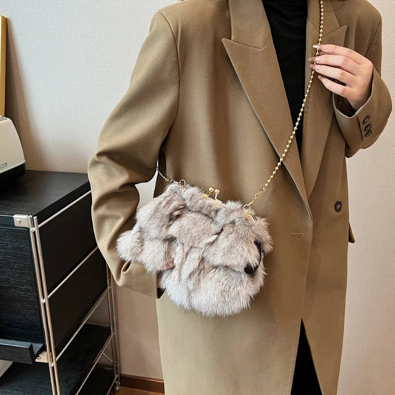 MOODS Soft Plush Evening Bags For Elegant Women Fox Fur Dinner Party Clutch Chain Crossbody Winter Warm Luxury Designer Handbags