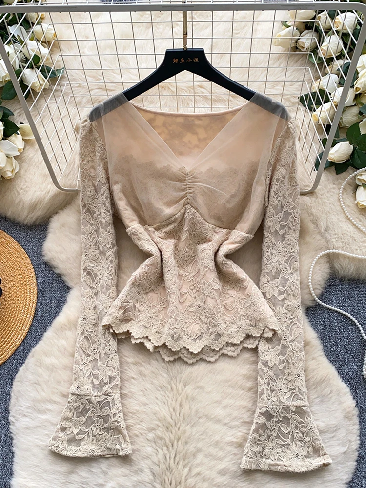 

Women Blouse Spring Autumn Sexy V-neck Mesh Splicing Lace Patchwork Elegant Stylish Bottom Shirt Girls Femlae Top BL276