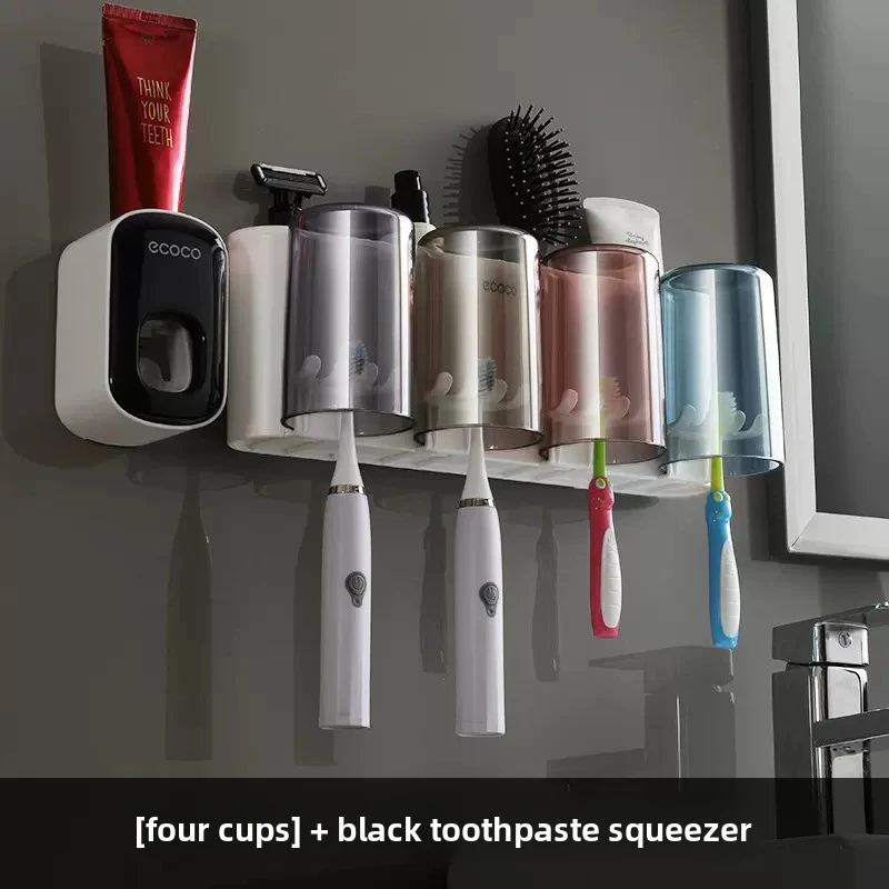 2 In 1 Punch Free Wall Mounted Toothbrush Holder 4 Pcs Set Eco-Friendly Plastic Mouthwash Cup Set  Bathroom Organizer Modern No Drill Mouthwash Cup Rack For Bathroom Wall Storage