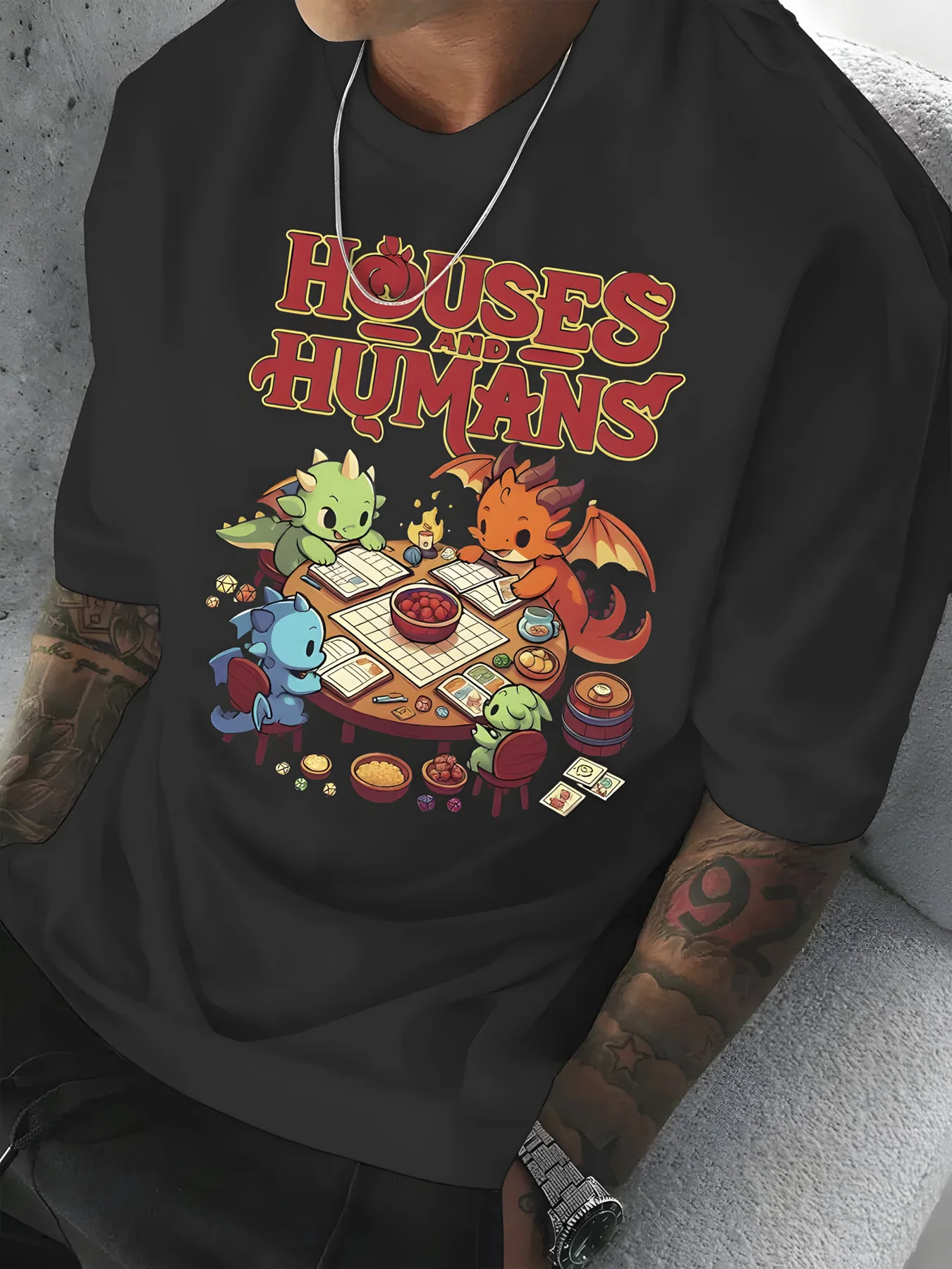 Men's D&D Board Game T-shirt with D&D Dice and Six Faction System Suitable for Casual Gaming Clothing for D&D Enthusiasts