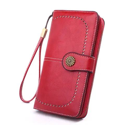 Nuevo monedero calado a la moda para mujer, bolso de cuero aceitoso para teléfono, bolso largo con cremallera, monedero, billetera Triple plegable para mujer