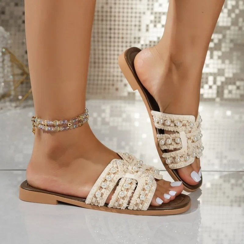 Women Slippers 2026 Summer Fashion Crystal Apartment Bohemian Sandals Beach Sequins Designer Shoes Zapatos De Mujer Slides Women