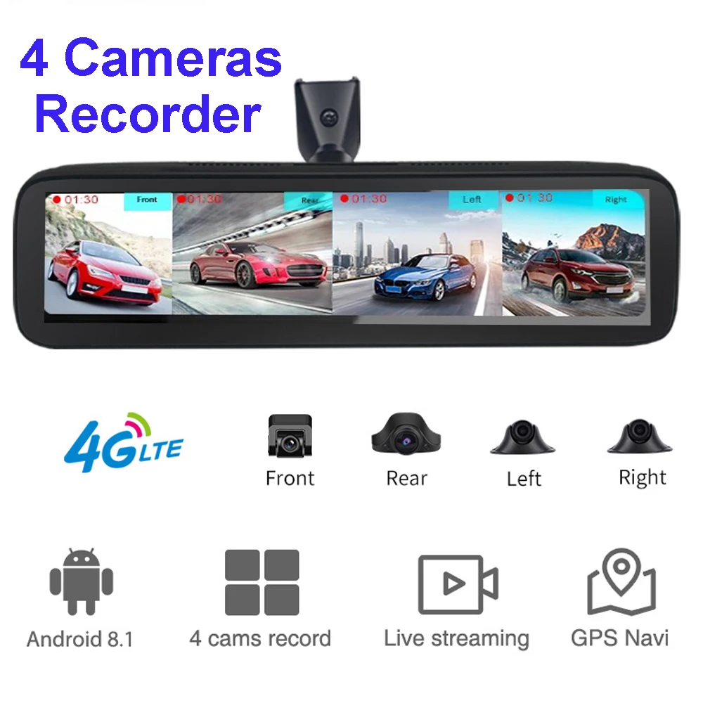 4 Cameras Car Rearview Mirror Dash Recorder 4G Wifi GPS Navigation Android 8.1 DVR 4K ADAS HD 1080P Dash Cam Video Recoreder