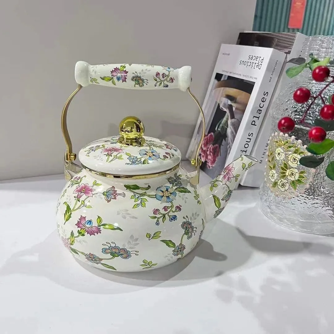 Enamel Teapot Floral Pattern Large Capacity Tea Kettle Gift Box