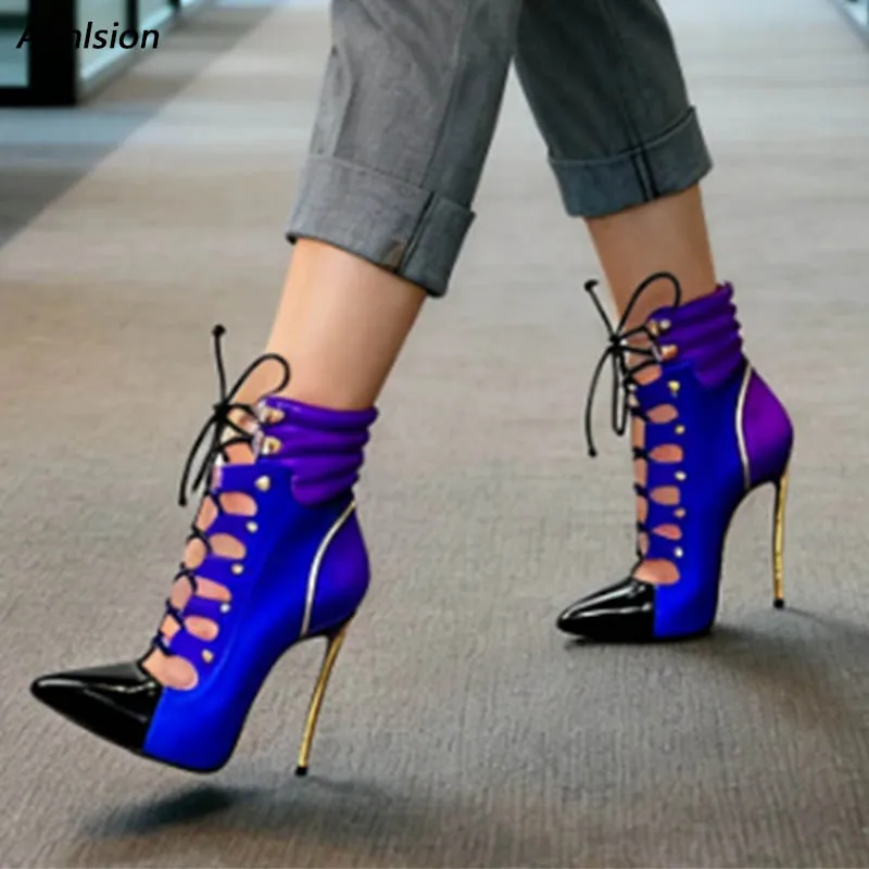 

Ahhlsion Фиолетовые кожаные ботильоны ручной работы - туфли на шпильке с острым носком и золотыми акцентами Женская модная обувь Размер 5-15