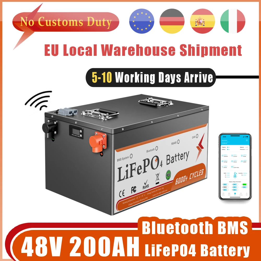 

48V 50Ah 100Ah 200Ah LiFePO4 Battery Pack Built-in Bluetooth BMS 6000 Cycle For Solar Household Storage inverter Golf Cart Boat