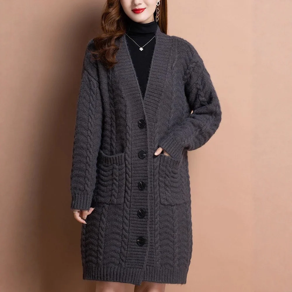 

Mid-Long Cardigans Old Money Womens Winter Cosy Fur-Collar Mock-Neck High-Necked Chunky Casual Cinch Printed Trendy Fitting Warm