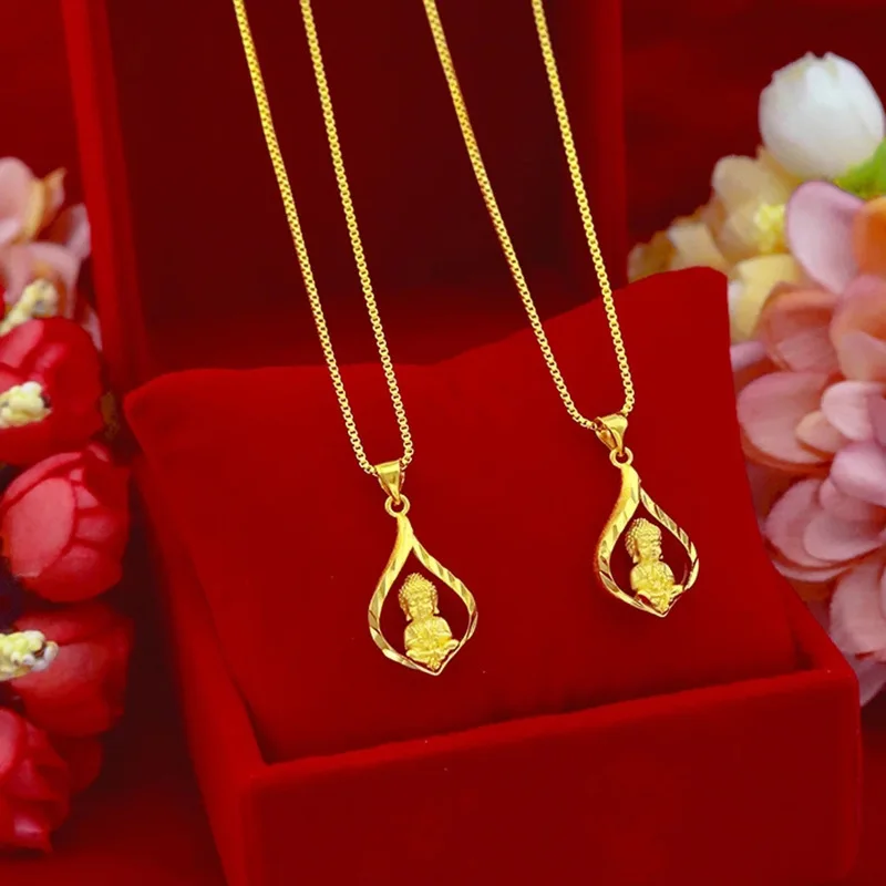 

Women's 24K Gold (AU999) Buddha Collarbone Necklace | Faceted Buddha head, embossed lotus petals with moonstone accents