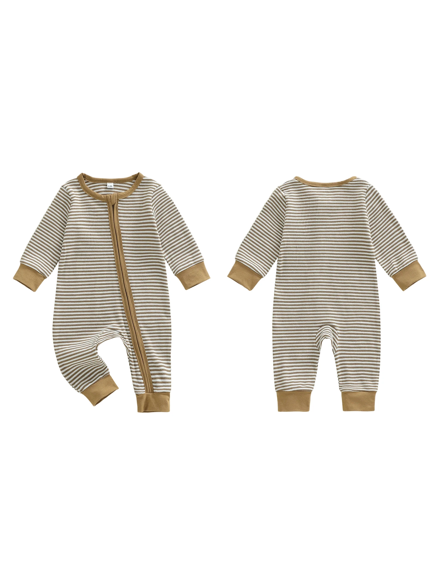 Romper Bayi Laki-laki Bergaris Lengan Panjang dengan Ritsleting, Kerah Bulat, dan Jumpsuit Panjang untuk Bayi Laki-laki