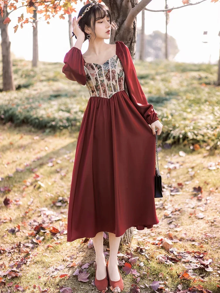 Spring Autumn Women Dress Vintage Party Dress Patchwork Long Red Dresses French Style Retro Female Bing 2022 HOT