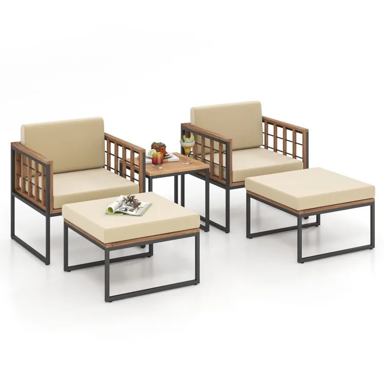 

5 Pcs Outdoor Garden Acacia Wood Furniture Set w/ 2 Chair Coffee Table 2 Ottoman
