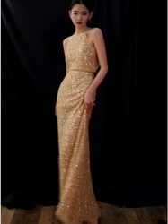 Champagne Golden Cocktail Dresses Beading Sequins O-neck Mermaid Night Party Ball Shiny Floor Length Pretty Evening Gowns