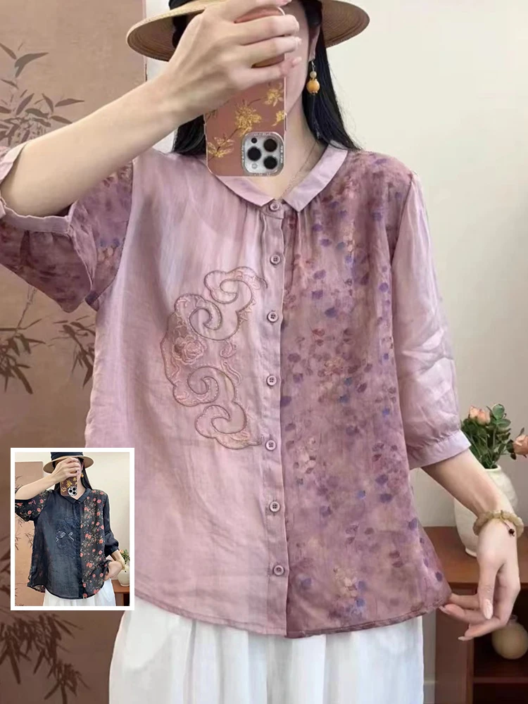 

Retro Anti-Aging Color Blo Print Flax Svel irt Large Size Women's Faion Turn-down Collar Versatile Casual Embroid...