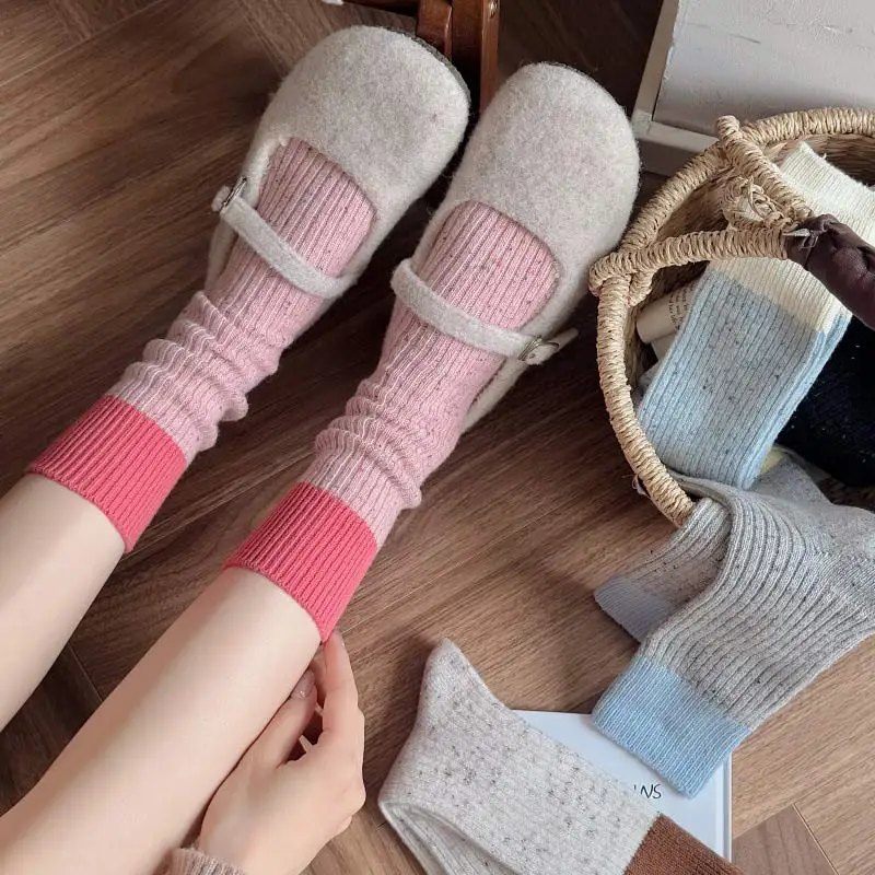 Thick Warm Socks Dots Cute Frilly Casual Fashion Contrasting Socks Long Cotton Soft Comfy Breathable Ladies Winter Autumn Socks