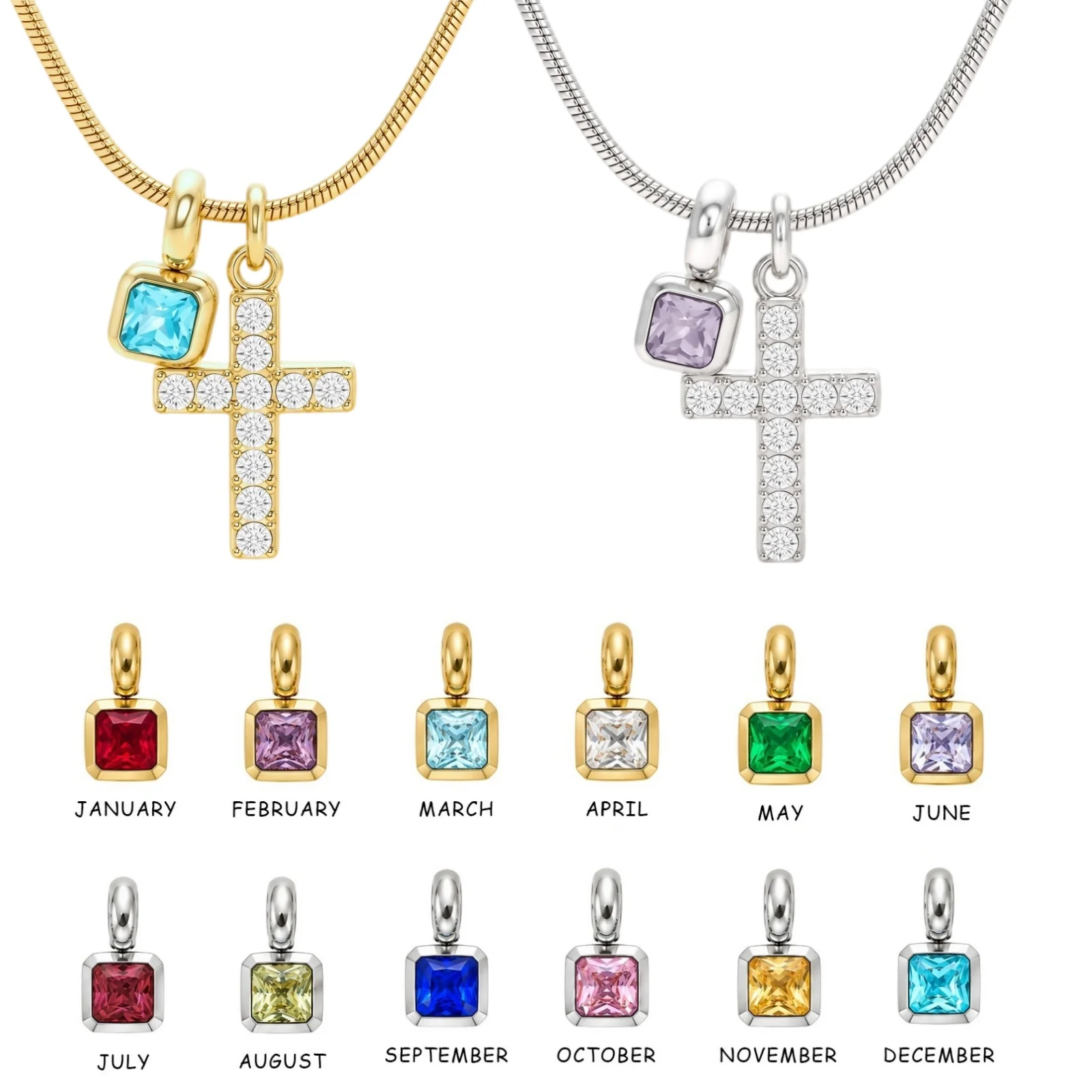 Chamica Birthstone Cross Necklace for Women, Stainless Steel CZ Religious Jewelry,12 Month Birthstone Pendant With Snake Chain