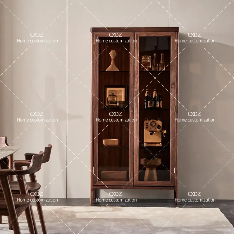 Modern Simple Solid Wood Bookcase Floor to Ceiling Bookshelf Living Room Storage Cabinet Wine Rack Black Walnut Home