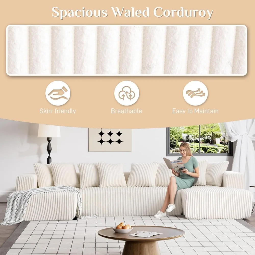 131 Inch Modular Combination Sofa, Comfortable Corduroy Combination Sofa with Double Lounge Chairs