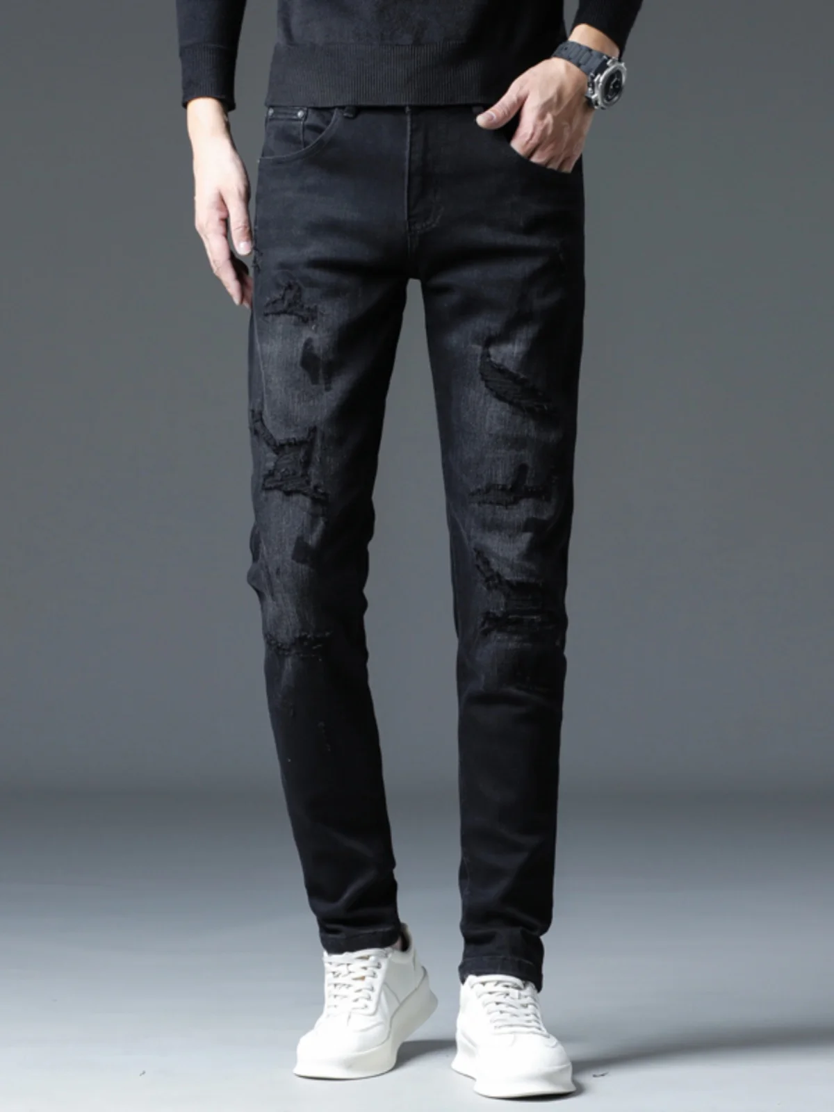 

Spring Autumn Men's Jeans Repair Patch Waed out Casual Cotton Stretch Fabric Youth Trendy Wear Resistant Long Trousers