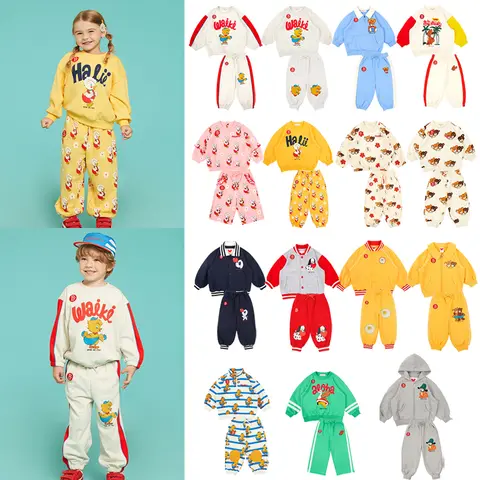 새로운 2025 한국어 봄 소년 만화 후드 바지 정장 소녀 귀여운 운동복 바지 아이 어린이 Outwear 의류 ​​세트