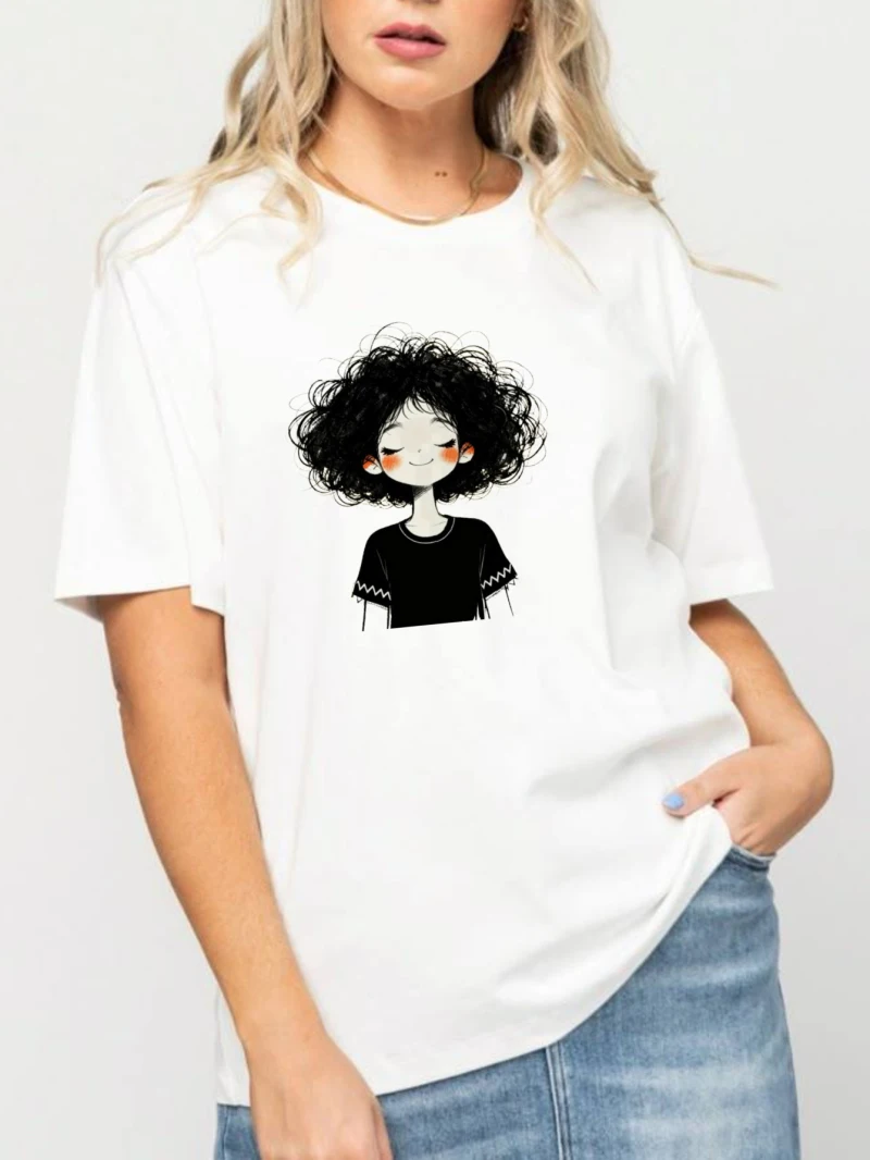 Women's Short-sleeved T-shirt Featuring A Cartoon Curly-haired Girl Print Loose Fit  Available  Couple's Perfect for Summer Wear