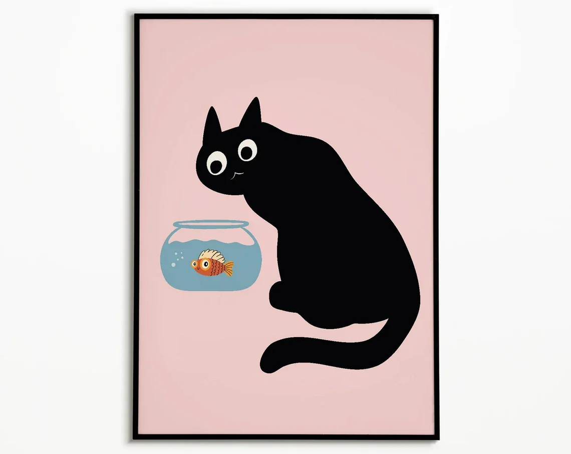 Funny Cat & Goldfish Bowl Poster: Quirky Dorm Room Wall Art，Perfect Gift for Cat Parents, Farmhouse Home Stylists