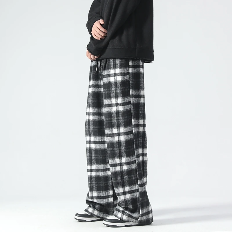 Vintage Color Plaid Pants Men\'s Loose Wide Leg Pants Autumn New Lazy Wind Straight-leg Leisure Trousers Male Jogger Sweatpant