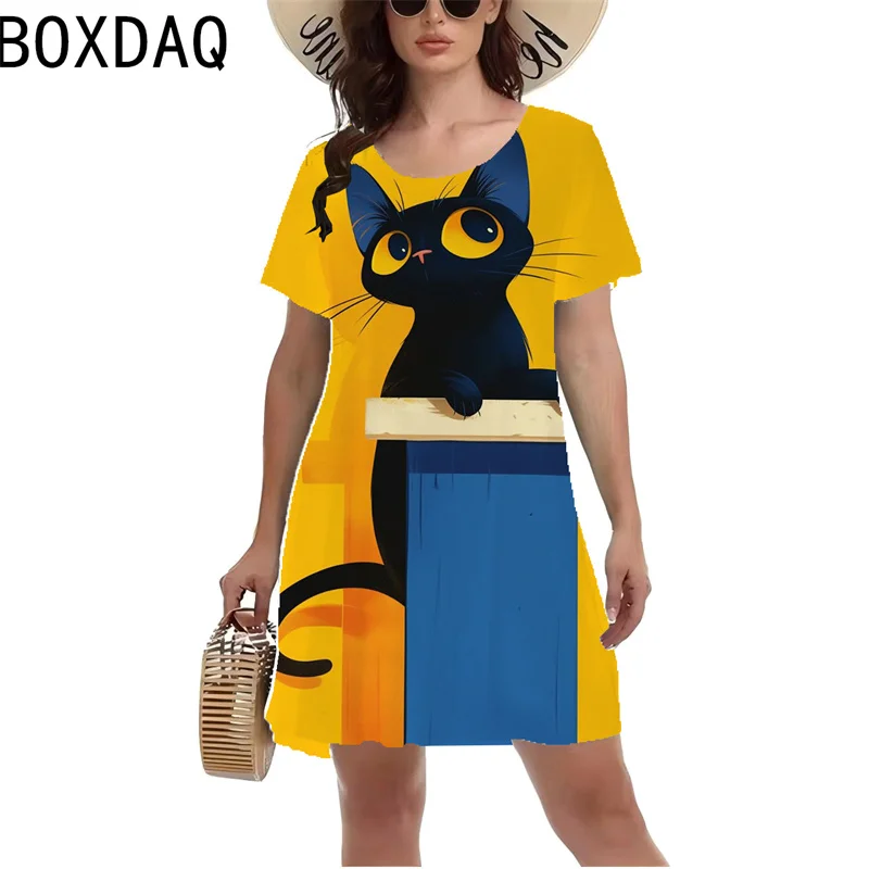 Fashion Funny Women Cat Pattern 3D Cartoon Print Mini Dress Summer Oversized Short Sleeve O-Neck Casual Dress Vestidos