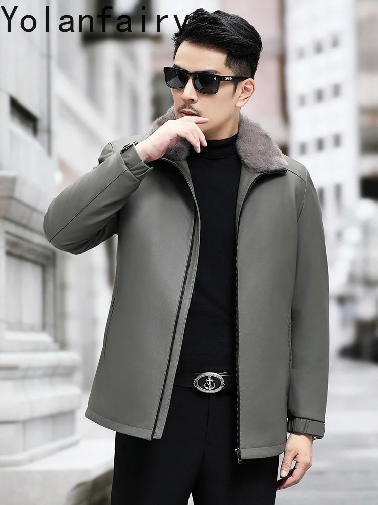 YOLANFAIRY High-end Real Cowhide Genuine Leather Jacket Men Winter Whole Cross Mink Fur Liner Coat Man Warm Fur Coats Jackets