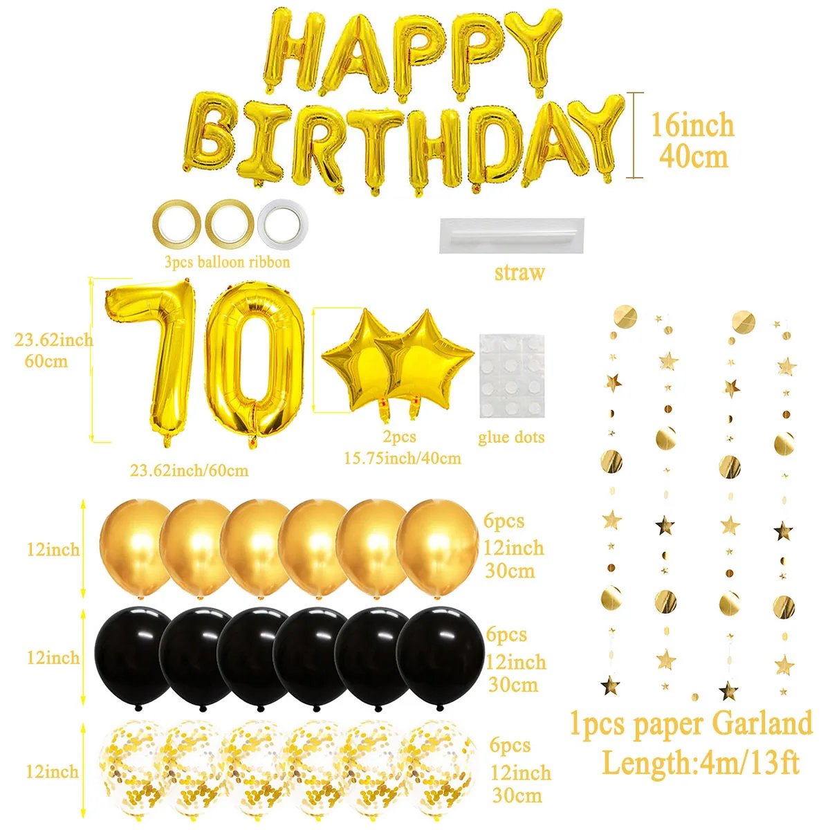 41pcs Gold Black Mixed Balloons 70th Birthday Party Decorations 70 Years Old Man Woman Birthday Decor