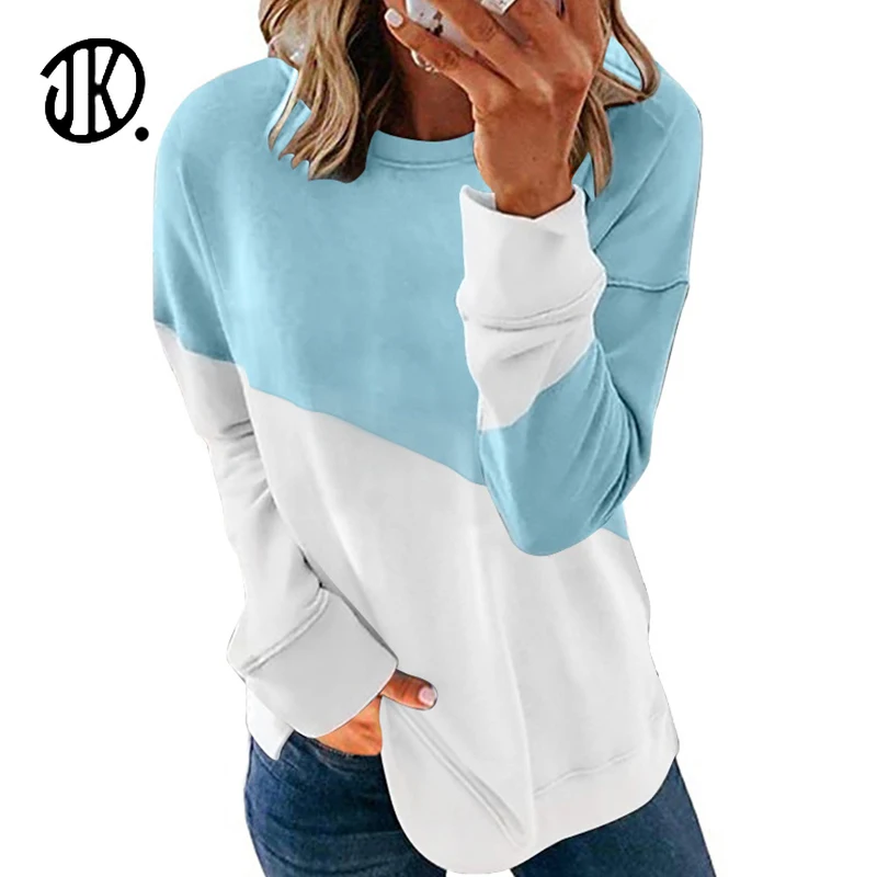 

Splicing Printed Long-sleeve T-shirt Round Neck Casual Loose Top Ladies Spring Autumn Pullovers Large Size All-match T Shirt 2XL