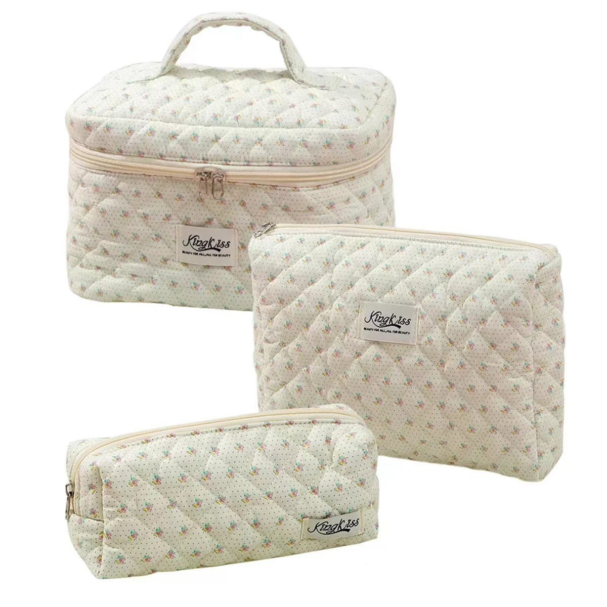 Makeup Cosmetic Bag 3 Pcs Cotton Quilted Makeup Bag Aesthetic Floral Toiletry Bag for Women,I