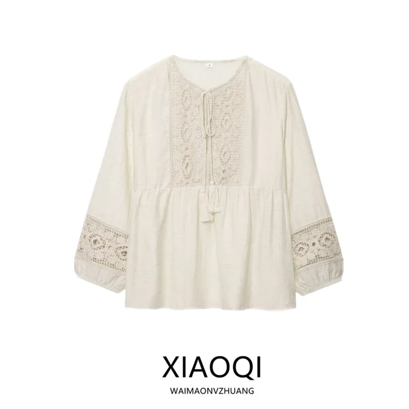 

Лето 2025: Новинка! Женская блузка с длинным рукавом, V-образным вырезом, ткаными вставками и свободным кроем для повседневной носки. Цветная.